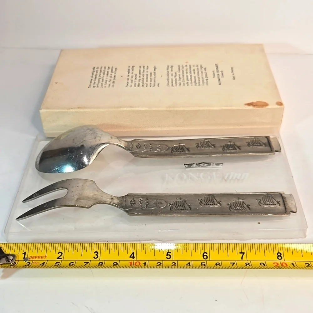 Vintage Boxed Konge Tinn Royal Pewter Salad Set Made in Norway Spoon Fork